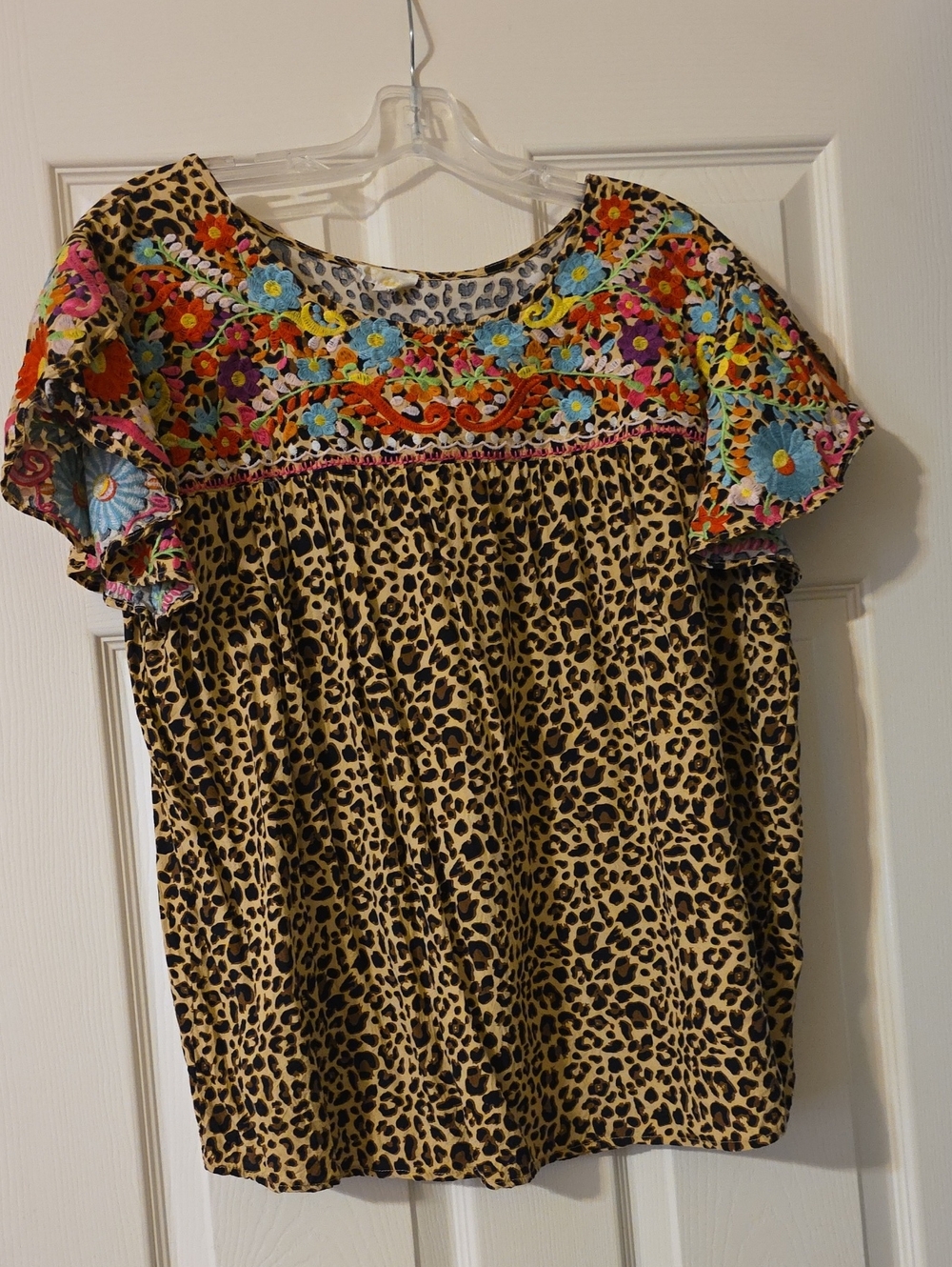 Women’s Leopard Print Top with Multicolor Floral Embroidery